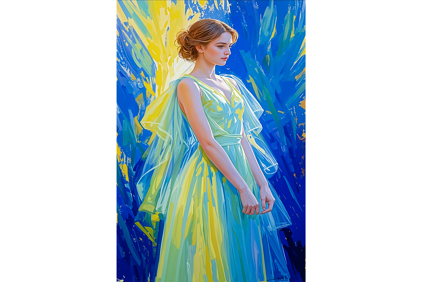 ai creation, woman in blue and yellow tones dress in oil painting style, ai art, art, kanvas tablo
