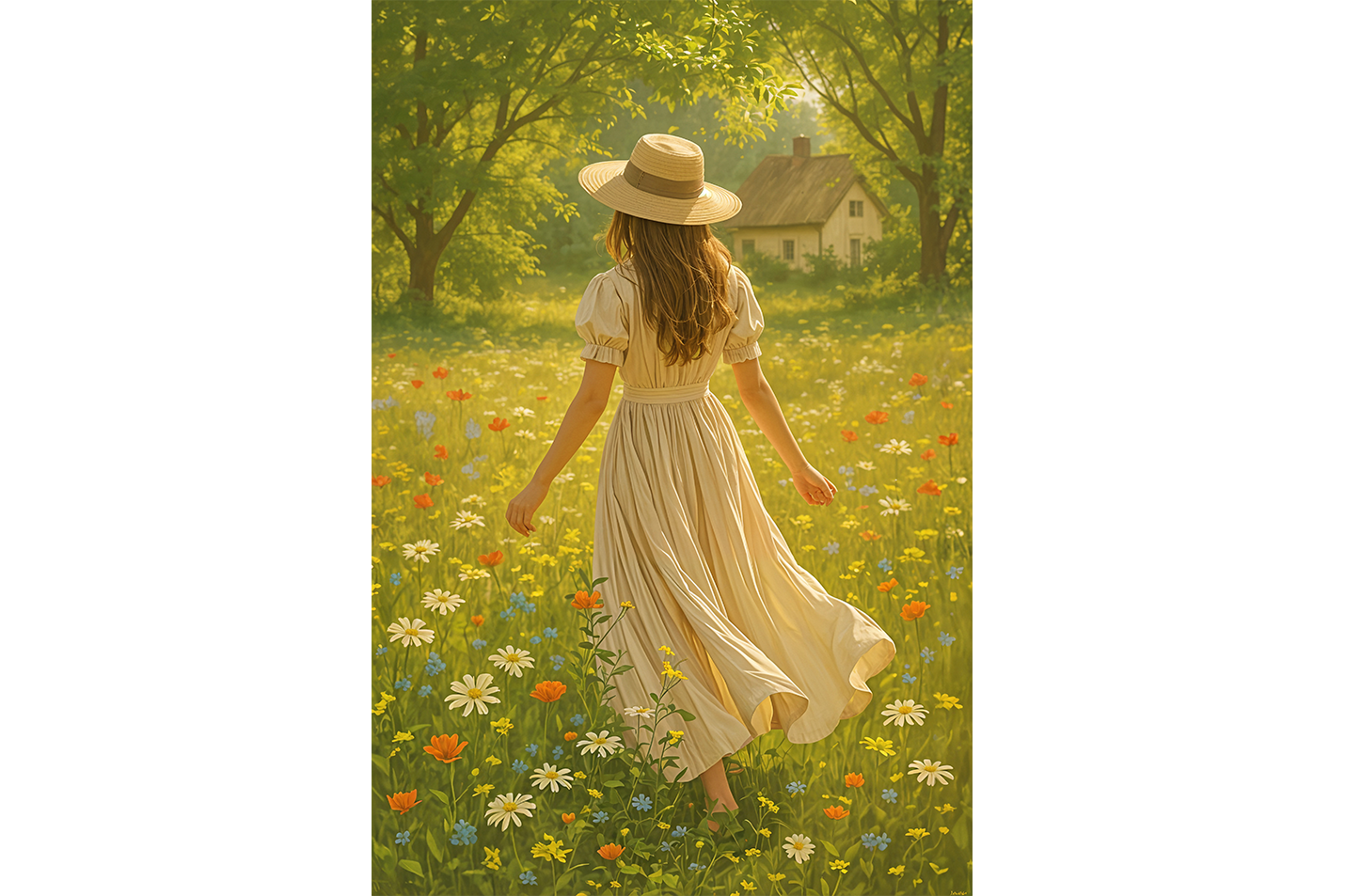 ai creation, girl wandering in the flower garden, ai art, art, kanvas tablo