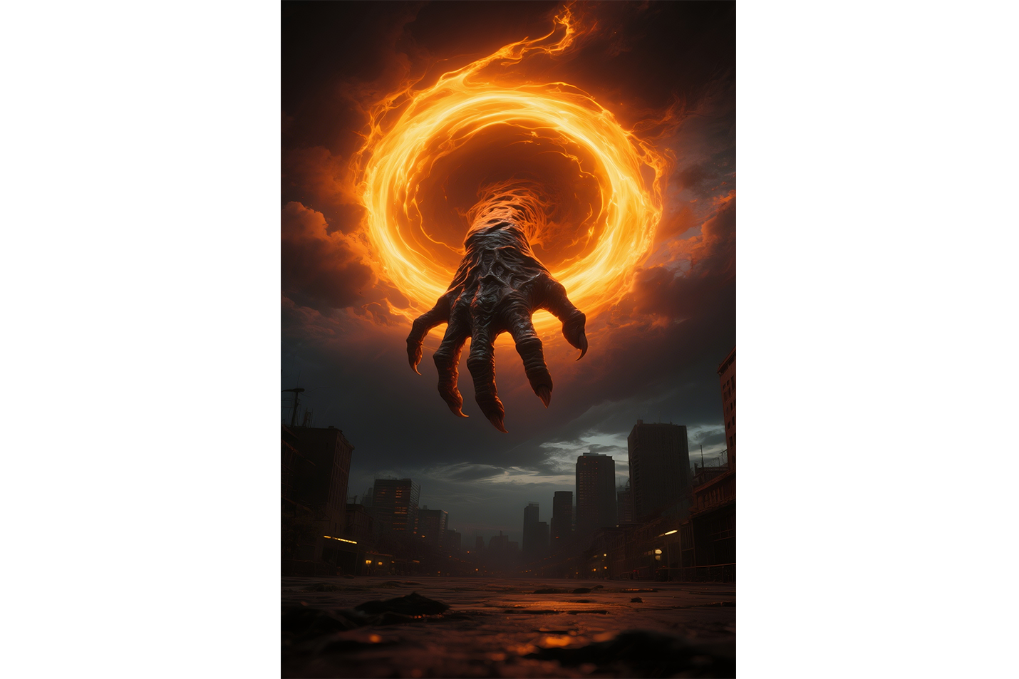 ai creation, a giant monster hand emerges from a fiery portal over a city, ai art, art, kanvas tablo