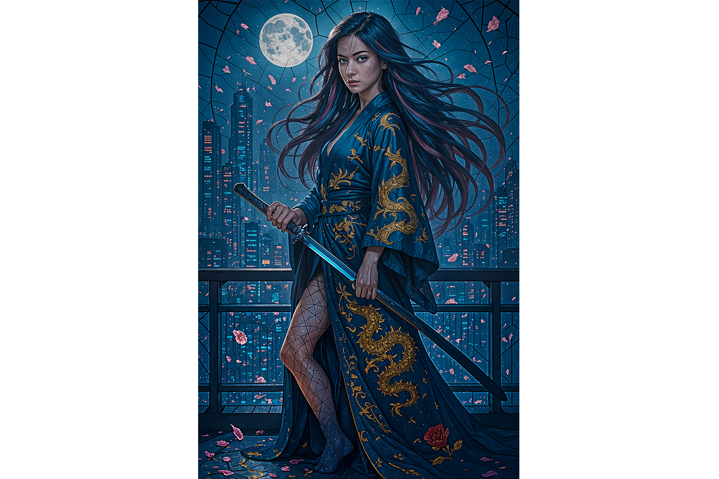 ai creation, asian female warrior in the moonlight, ai art, art, kanvas tablo