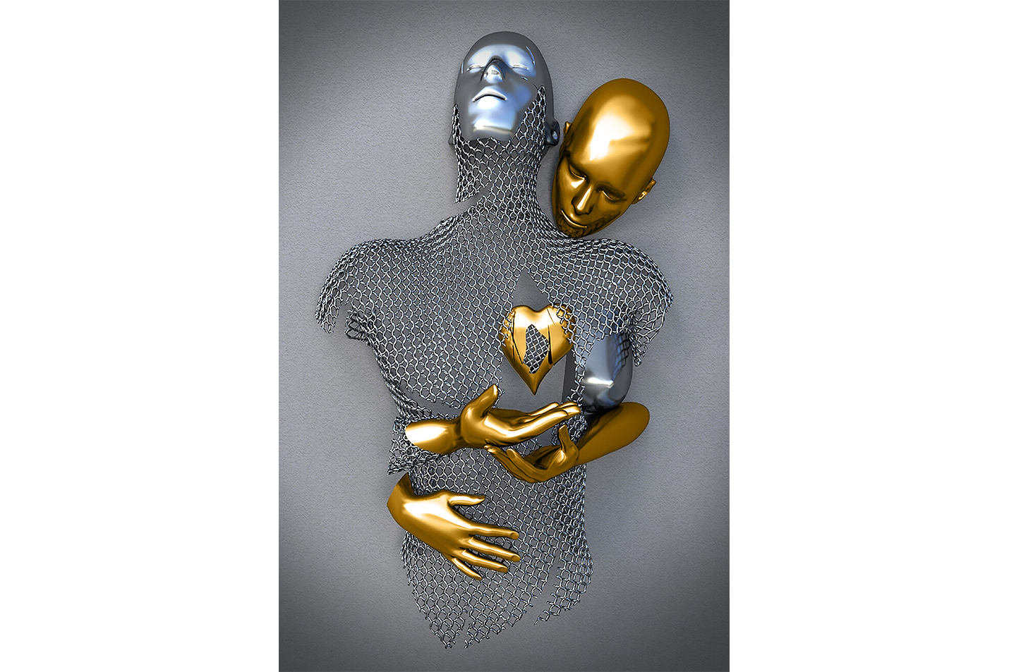 a golden figure places a heart into a silver chainmail figure they're embracing model 2, art, kanvas tablo
