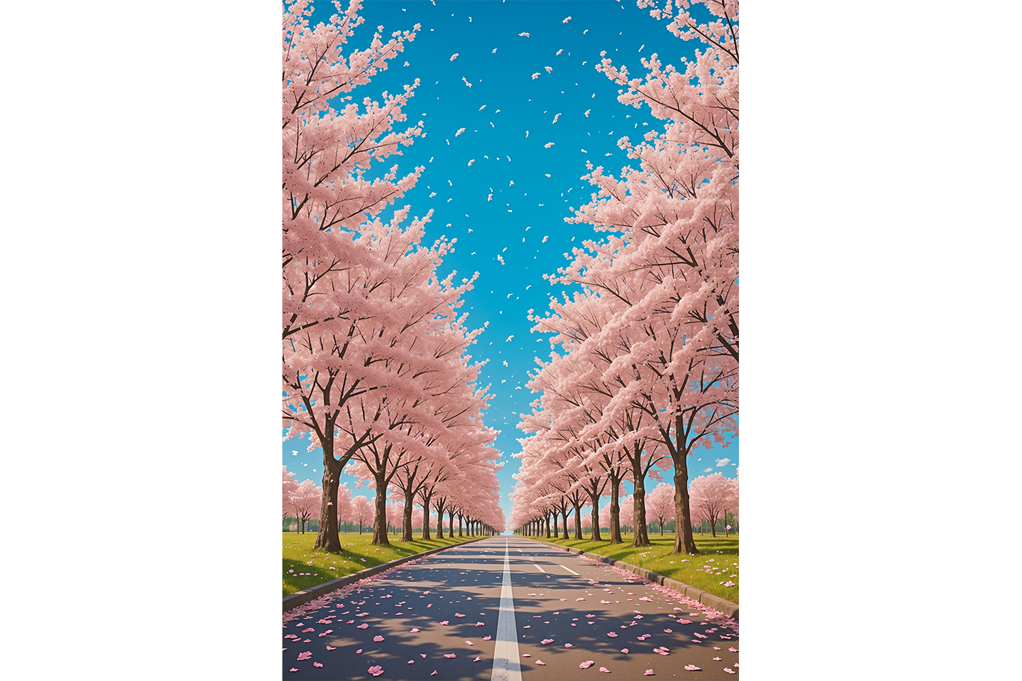 ai creation, a road decorated with soft pink trees, ai art, art, kanvas tablo