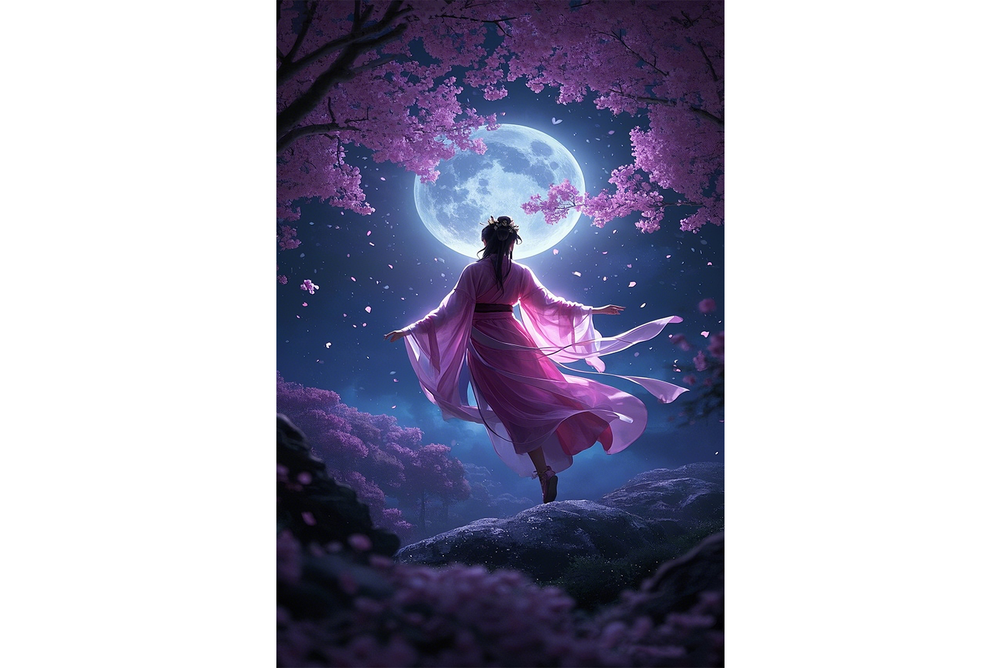 ai creation, a woman in a pink kimono under a full moon and cherry blossoms, ai art, art, kanvas tablo