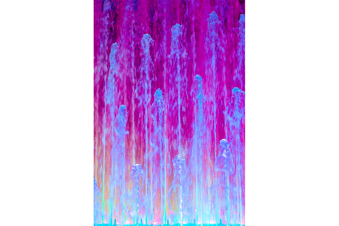 a vibrant night photograph of a water fountain illuminated with pink and blue lights, abstract, art, kanvas tablo