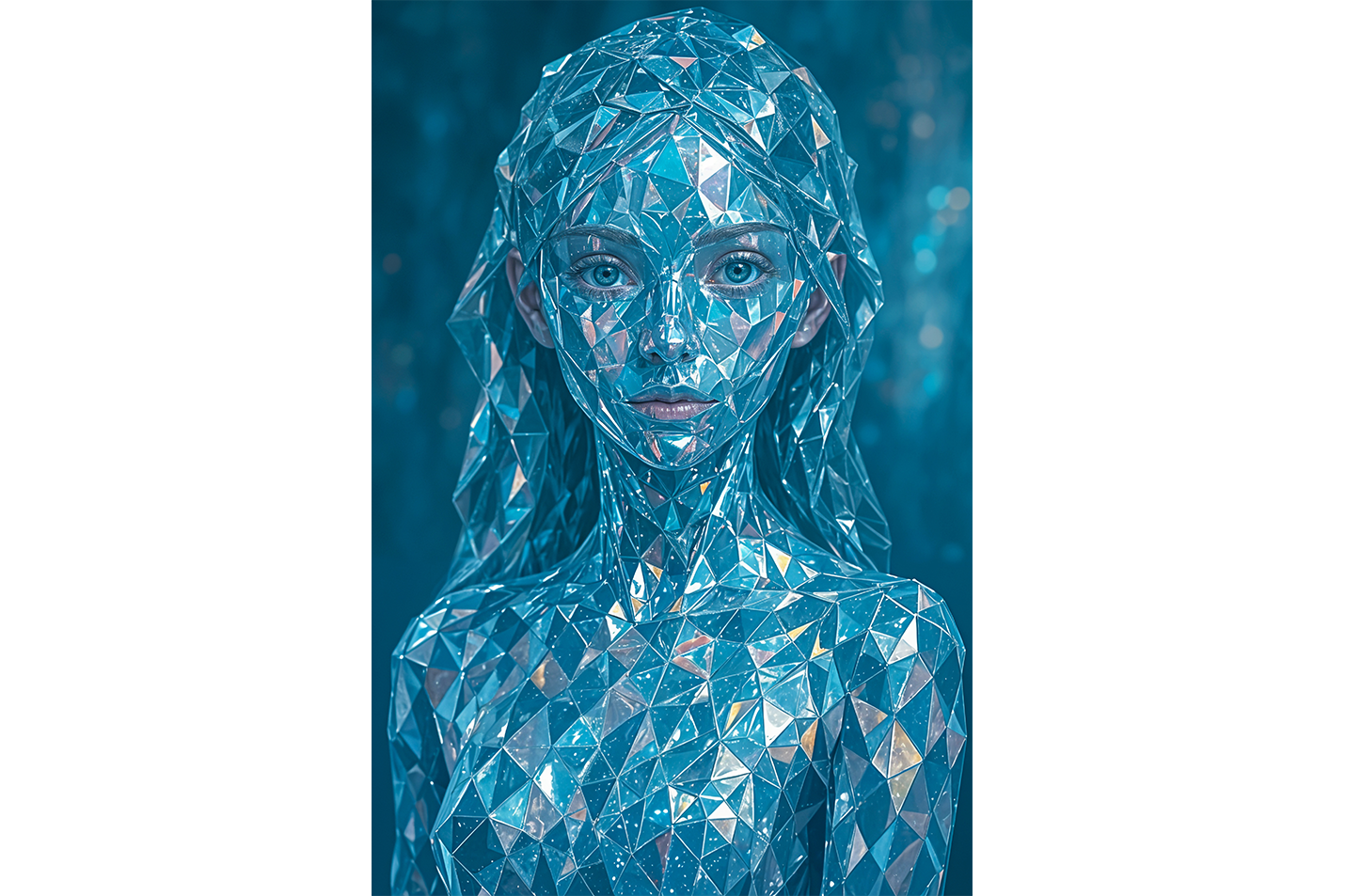ai creation, crystal woman portrait, blue shards, geometric, reflective, ethereal glow, ai art, art, kanvas tablo