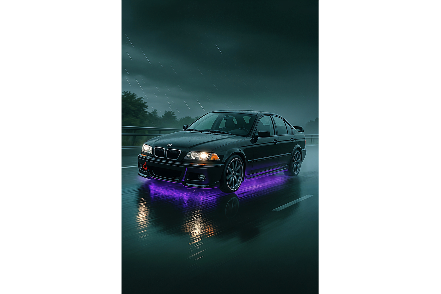ai creation, car with purple neon lights coming out from underneath, ai art, art, kanvas tablo