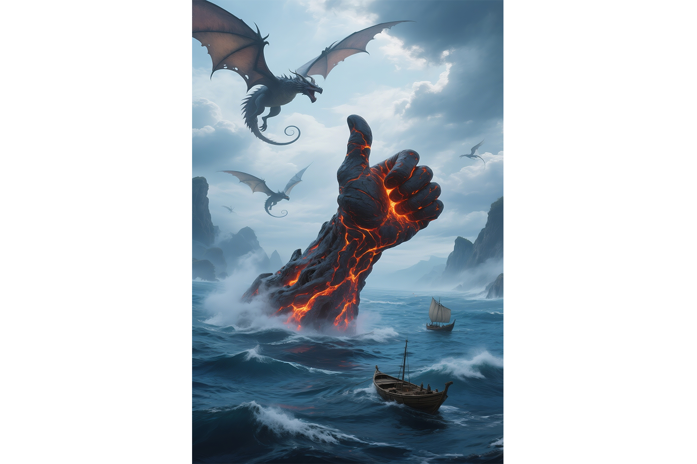 ai creation, a giant lava hand giving a thumbs up in a sea of dragons, ai art, art, kanvas tablo