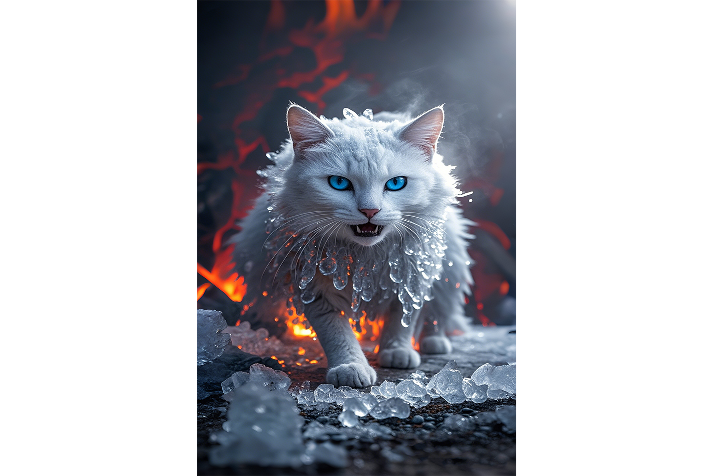 ai creation, white cat wrapped in ice, pet, ai art, art, kanvas tablo