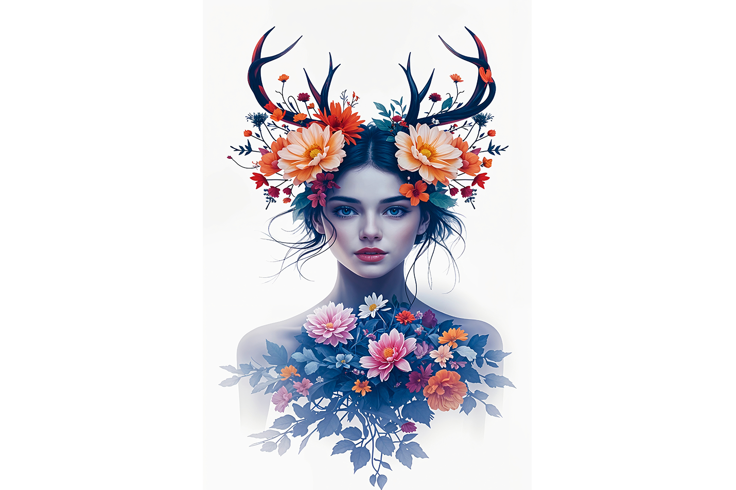 ai creation, a beautiful woman as a nature spirit with antlers and blooming flowers, ai art, art, kanvas tablo