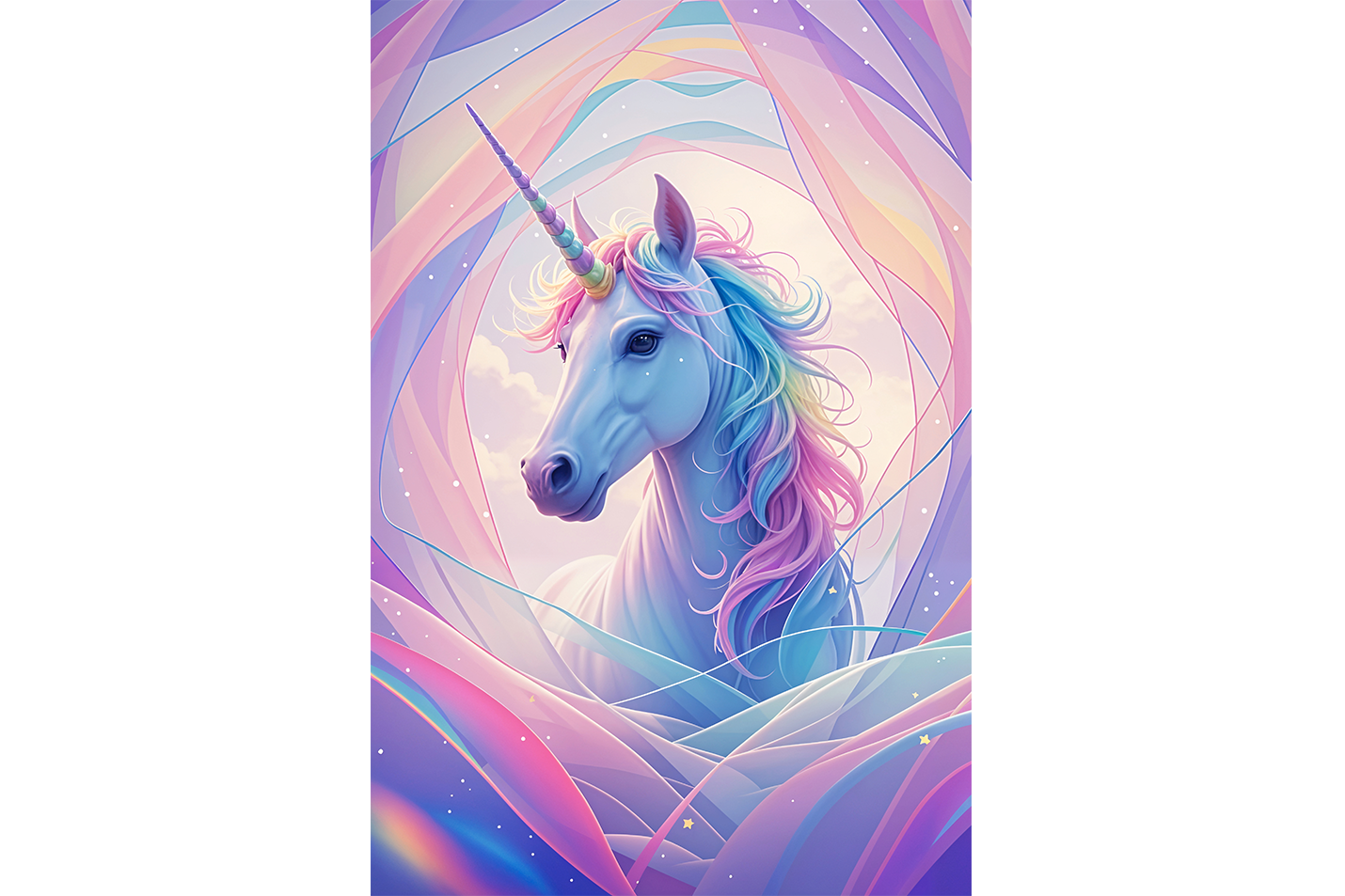 ai creation, happy looking unicorn on a soft white mix, ai art, art, kanvas tablo