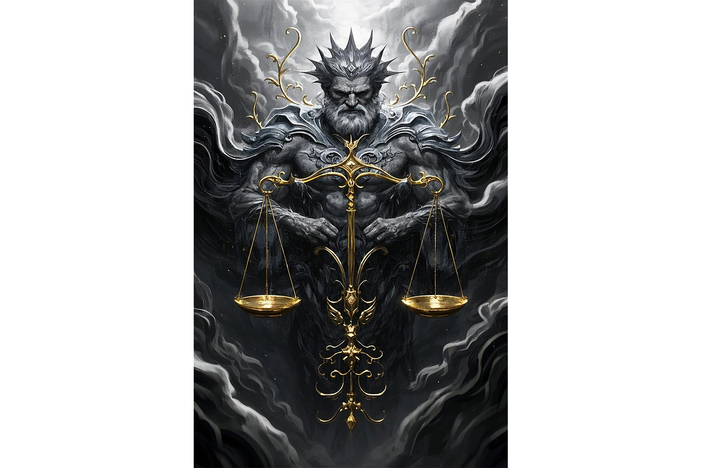 ai creation, an epic god of justice with a stone body and golden scales, ai art, art, kanvas tablo