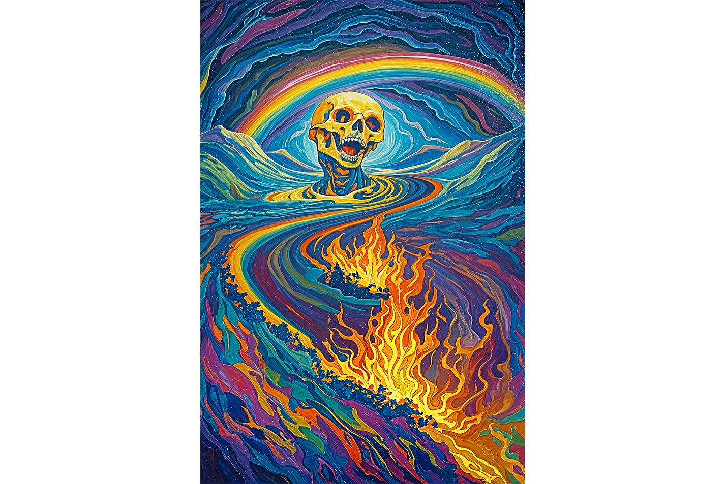 ai creation, skeleton engulfed in rainbow colored flames, ai art, art, kanvas tablo