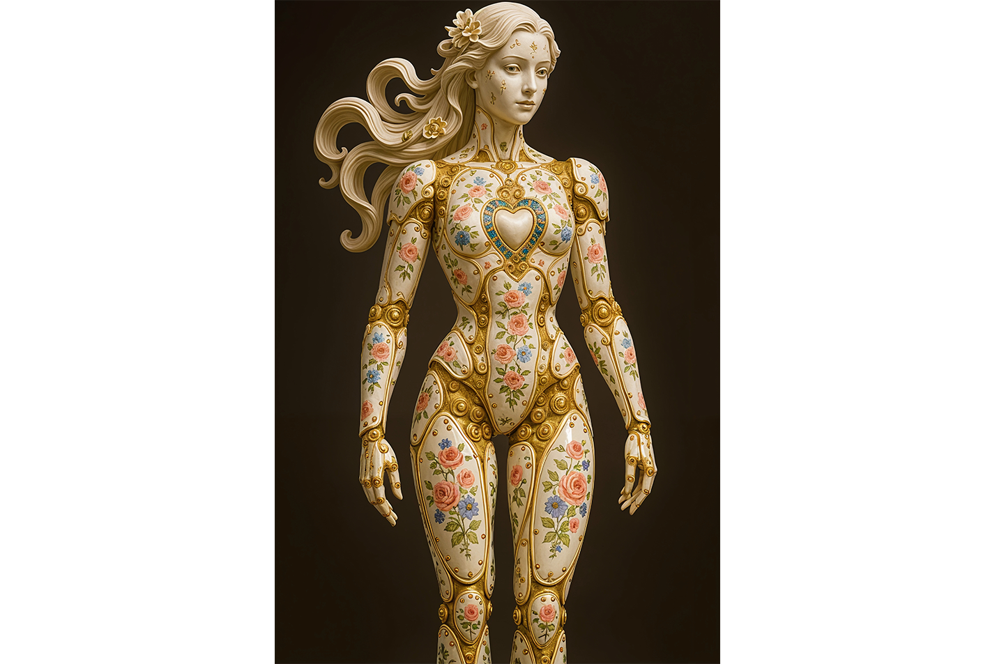 ai creation, an ornate rococo automaton of porcelain and gold, painted with delicate flowers, ai art, art, kanvas tablo