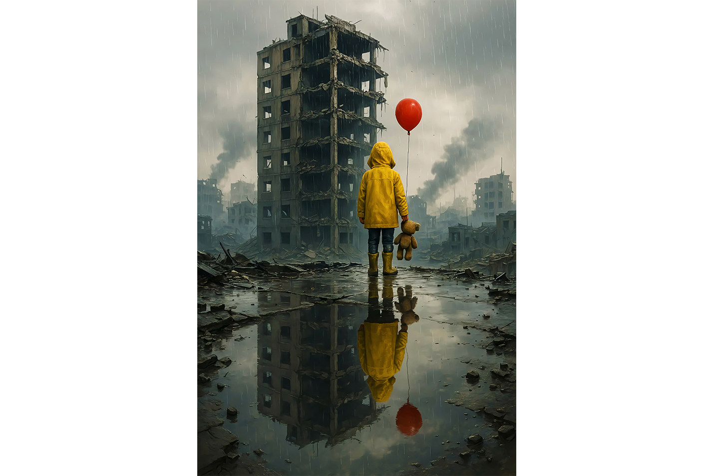 ai creation, a child left in an abandoned city with his balloon and teddy bear, ai art, art, kanvas tablo
