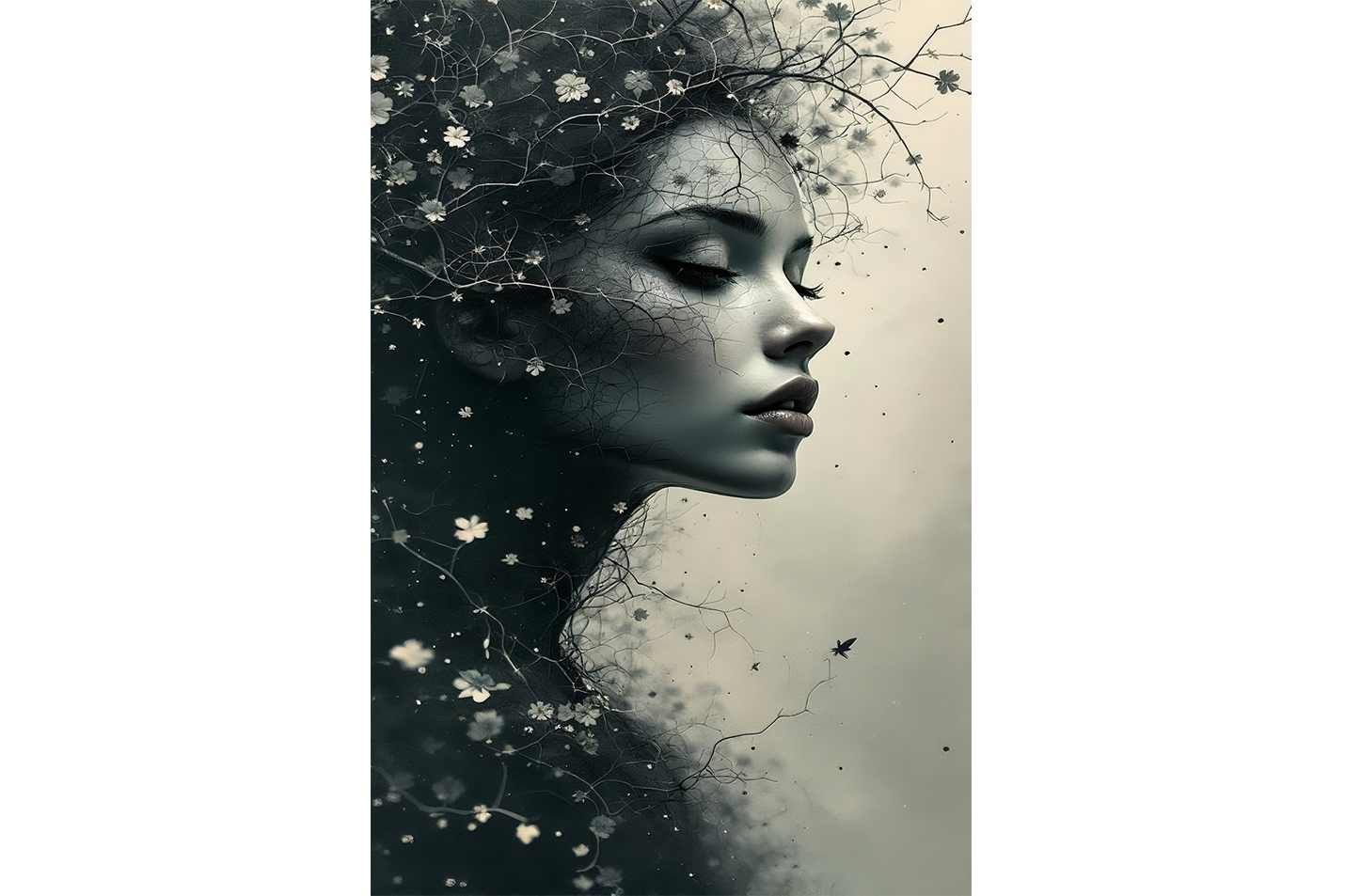 ai creation, a woman's profile dissolving into dark branches with tiny white flowers, ai art, art, kanvas tablo