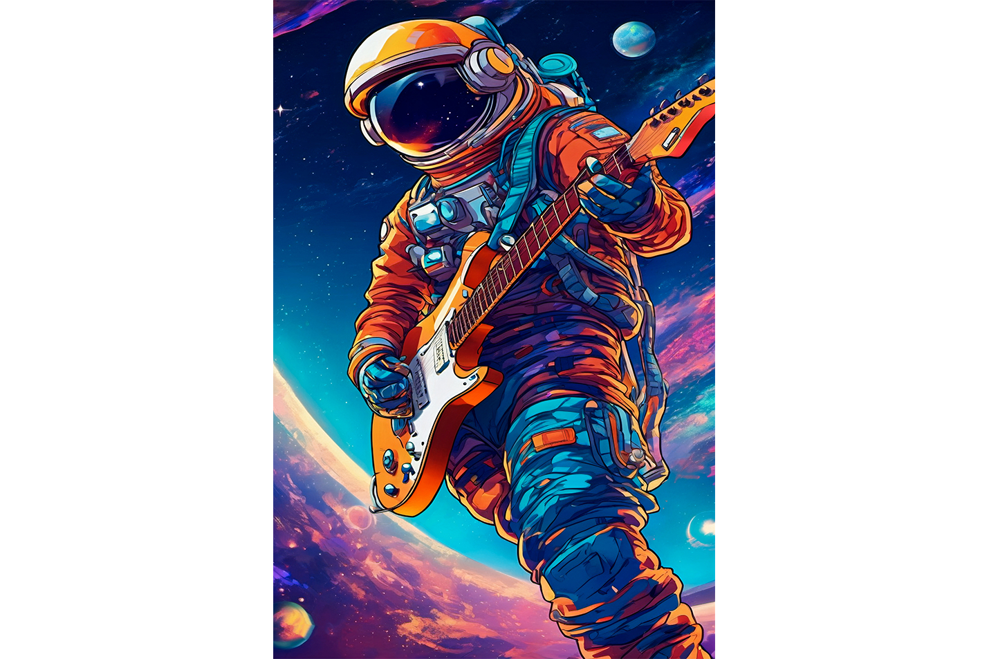 ai creation, astronaut playing guitar in space model 2, orange theme, ai art, art, kanvas tablo