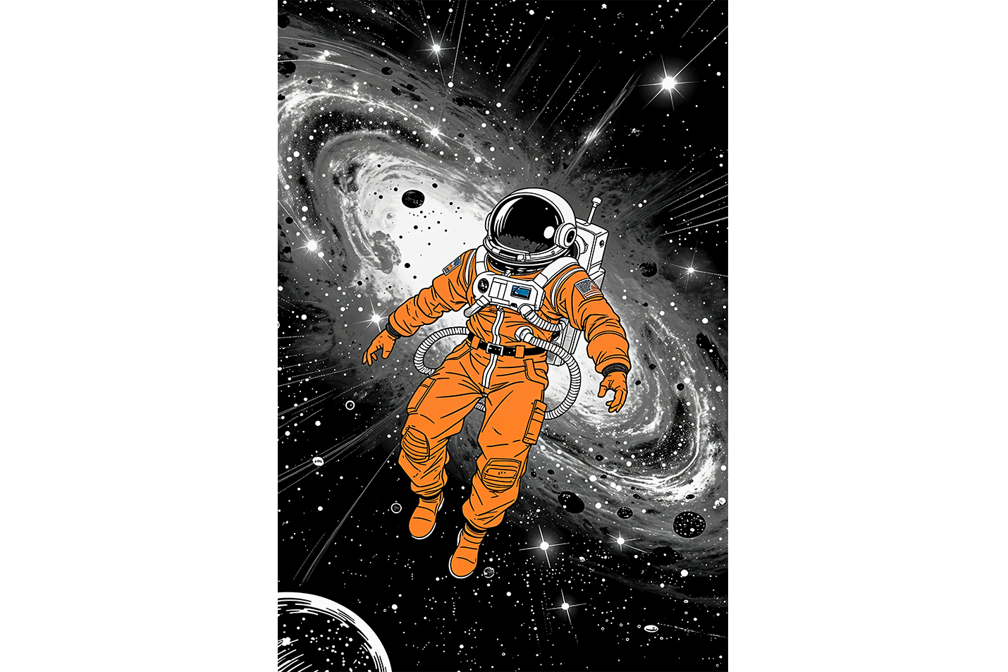ai creation, astronaut in orange spacesuit stuck in space, ai art, art, kanvas tablo