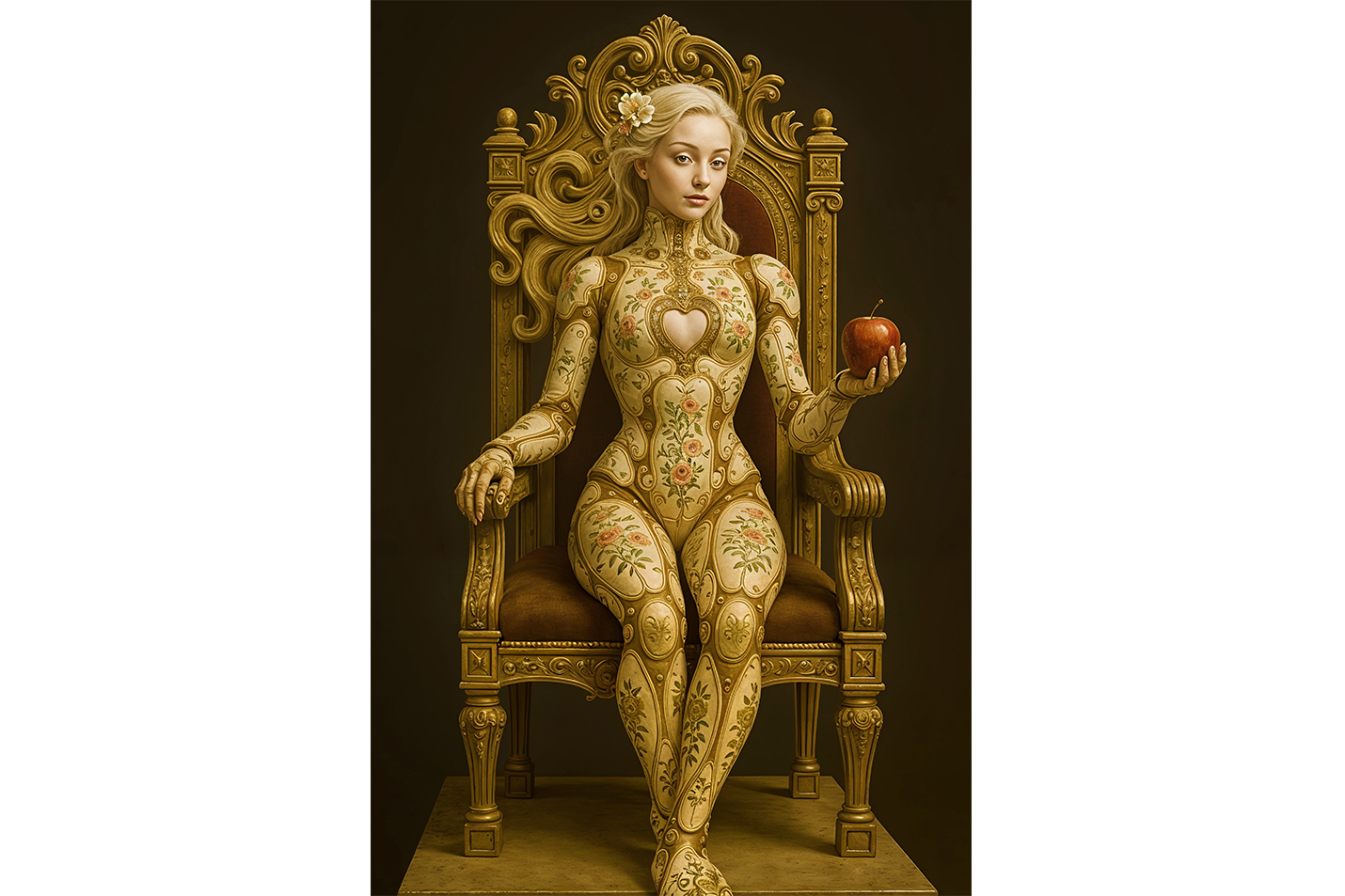 ai creation, a porcelain automaton eve on a gold throne holding a red apple, ai art, art, kanvas tablo