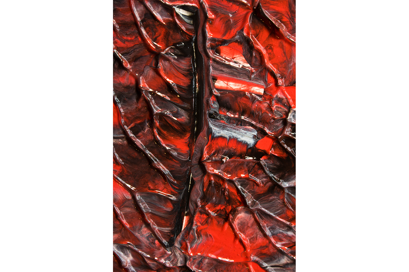 a macro photograph of thick, glossy red and black paint with deep textured ridges, abstract, art, kanvas tablo
