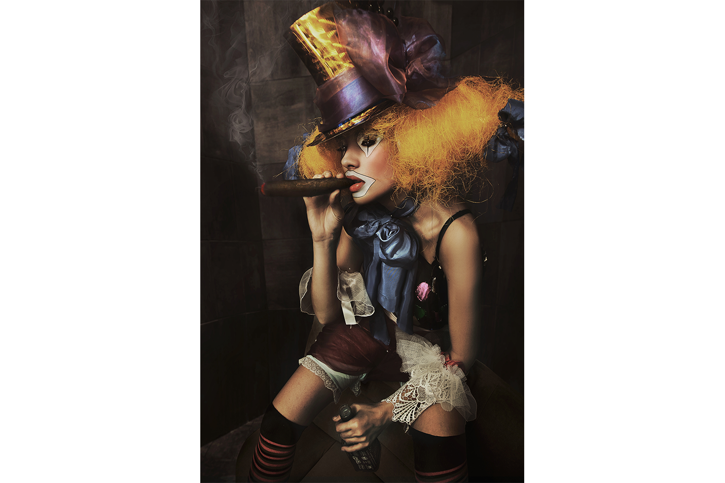 a decadent female clown with wild orange hair smoking a large cigar, art, kanvas tablo