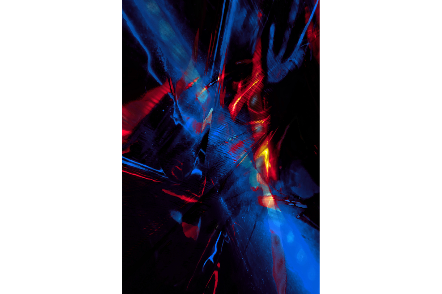 an energetic abstract composition with chaotic streaks of red and blue light on black, abstract, art, kanvas tablo