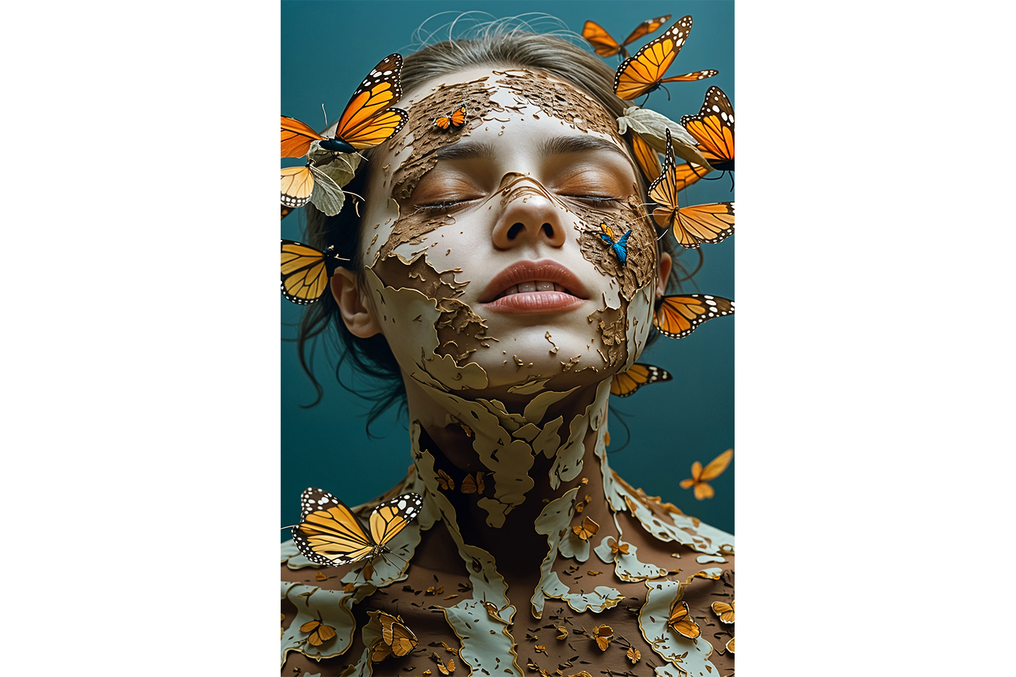 ai creation, a surreal portrait of a woman, her cracking skin releasing monarch butterflies, ai art, art, kanvas tablo