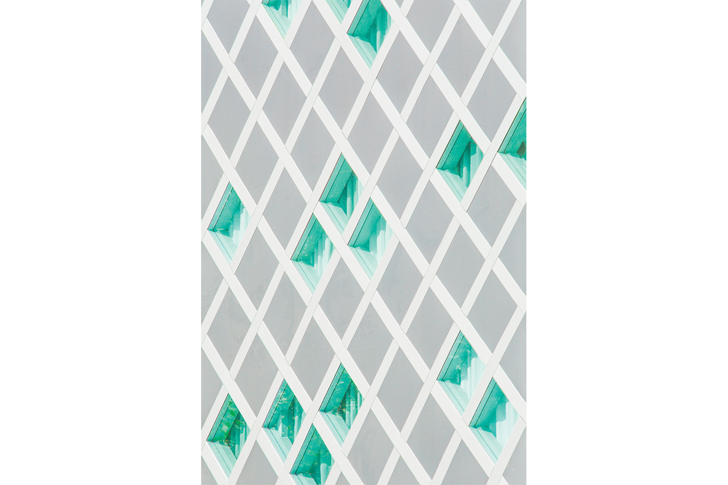 a minimalist architectural facade with a white diagonal lattice over turquoise glass windows, abstract, art, kanvas tablo