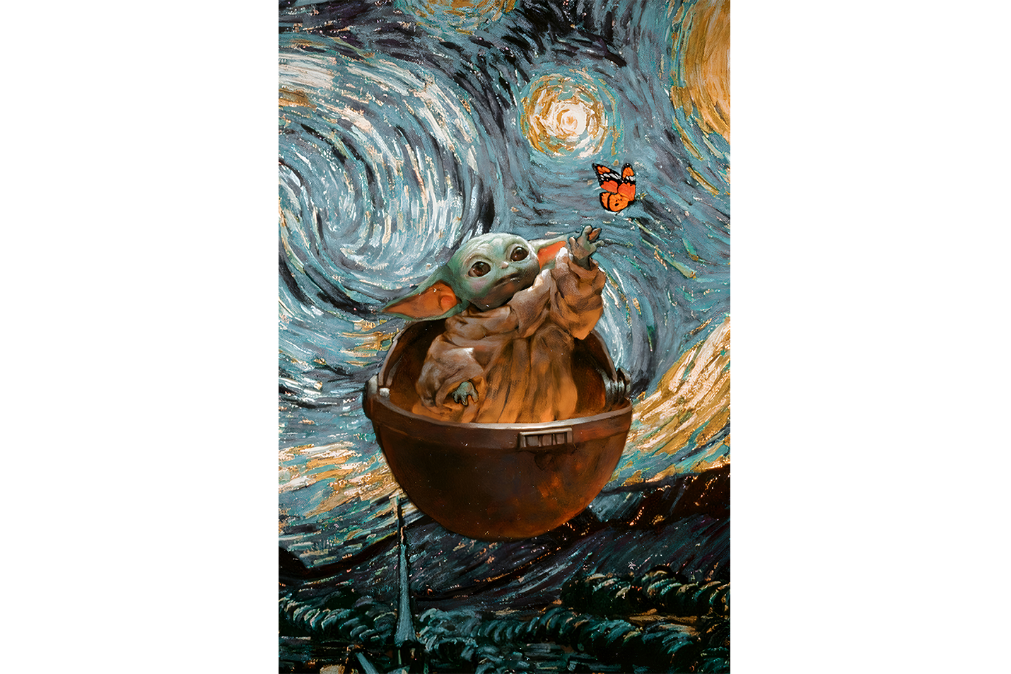 baby yoda painted in the style of van gogh's the starry night, art, kanvas tablo