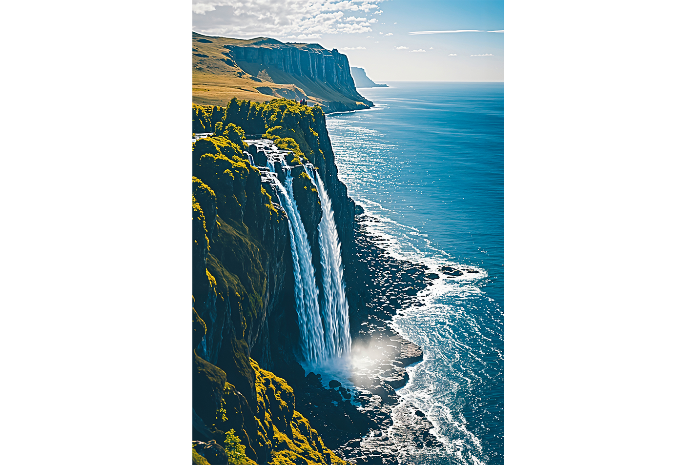 ai creation, waterfall flowing from a cliff into the sea, ai art, art, kanvas tablo