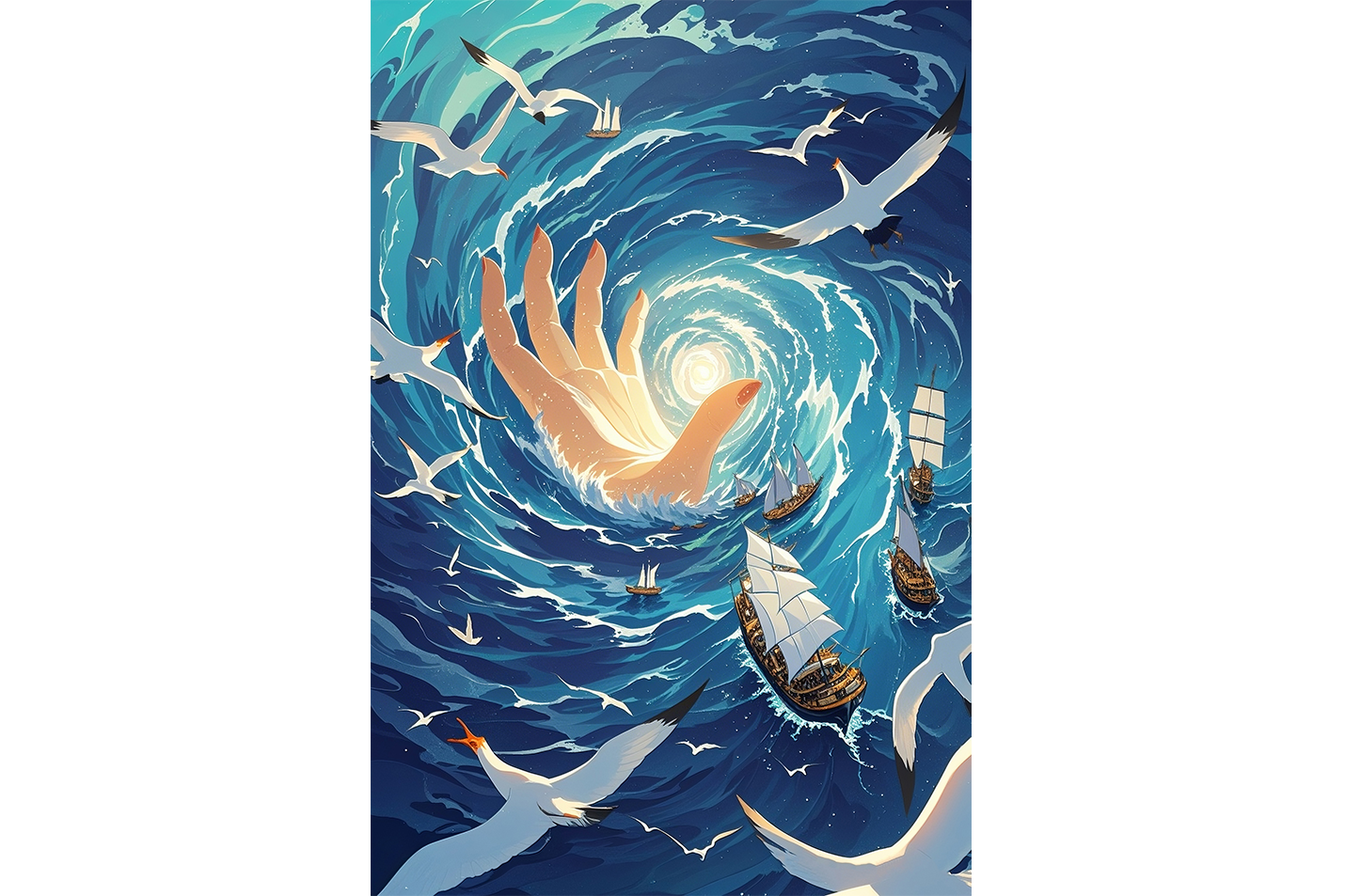 ai creation, a giant glowing hand creating a whirlpool in the sea with ships, ai art, art, kanvas tablo