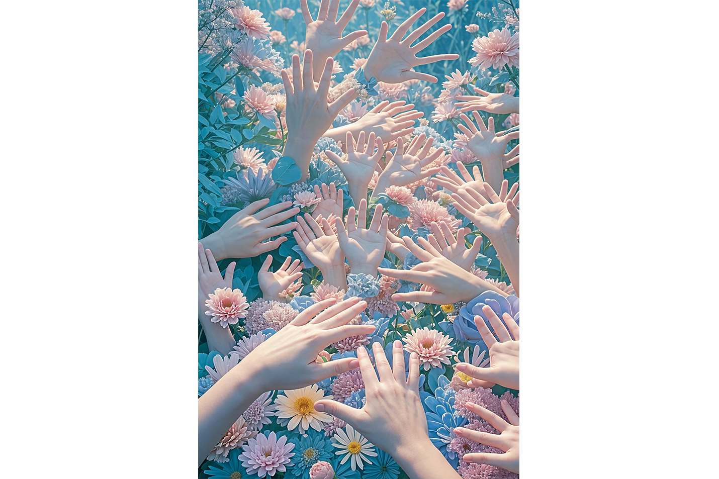 ai creation, hands jumping out of a field of flowers, ai art, art, kanvas tablo