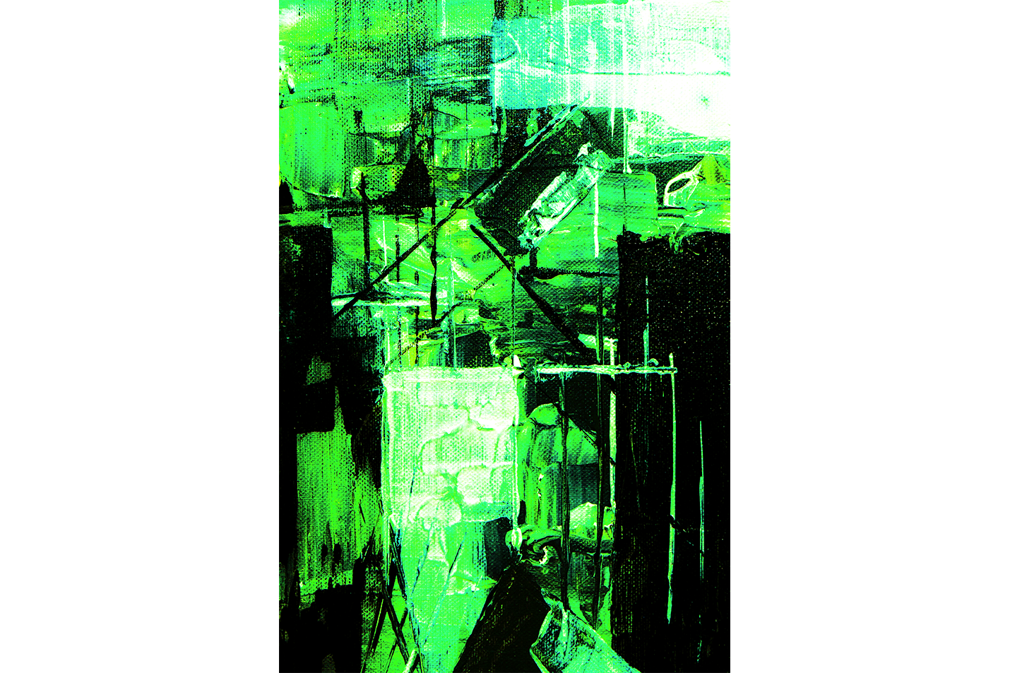 a high-contrast abstract painting with neon green and black creating a futuristic cityscape, abstract, art, kanvas tablo
