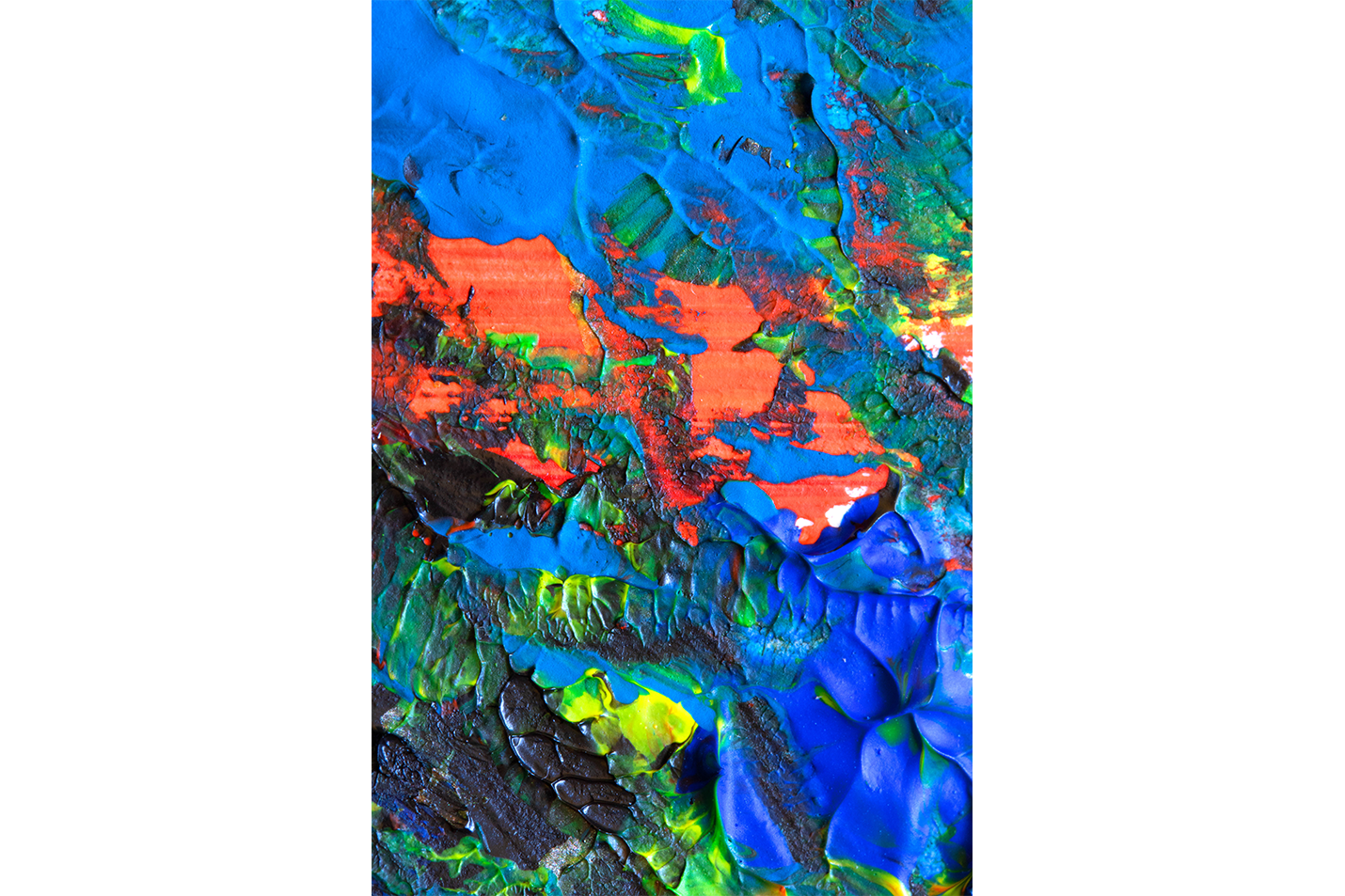an extreme close-up of a heavily textured painting with vibrant blue and orange colors, abstract, art, kanvas tablo