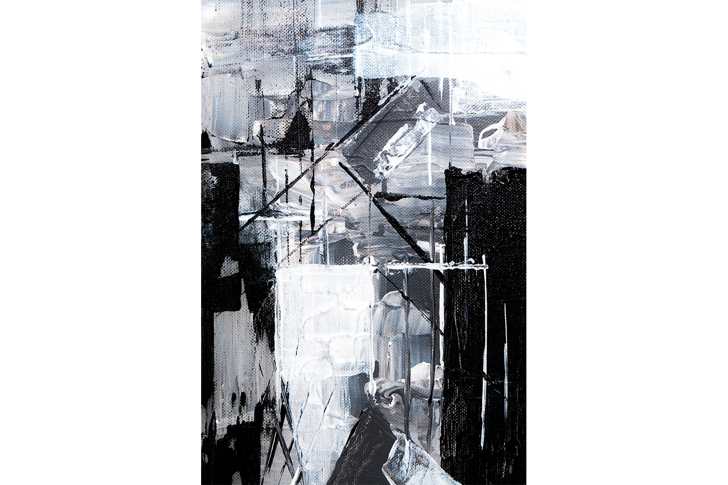 a monochromatic abstract painting featuring bold black and white shapes with heavy textures, abstract, art, kanvas tablo