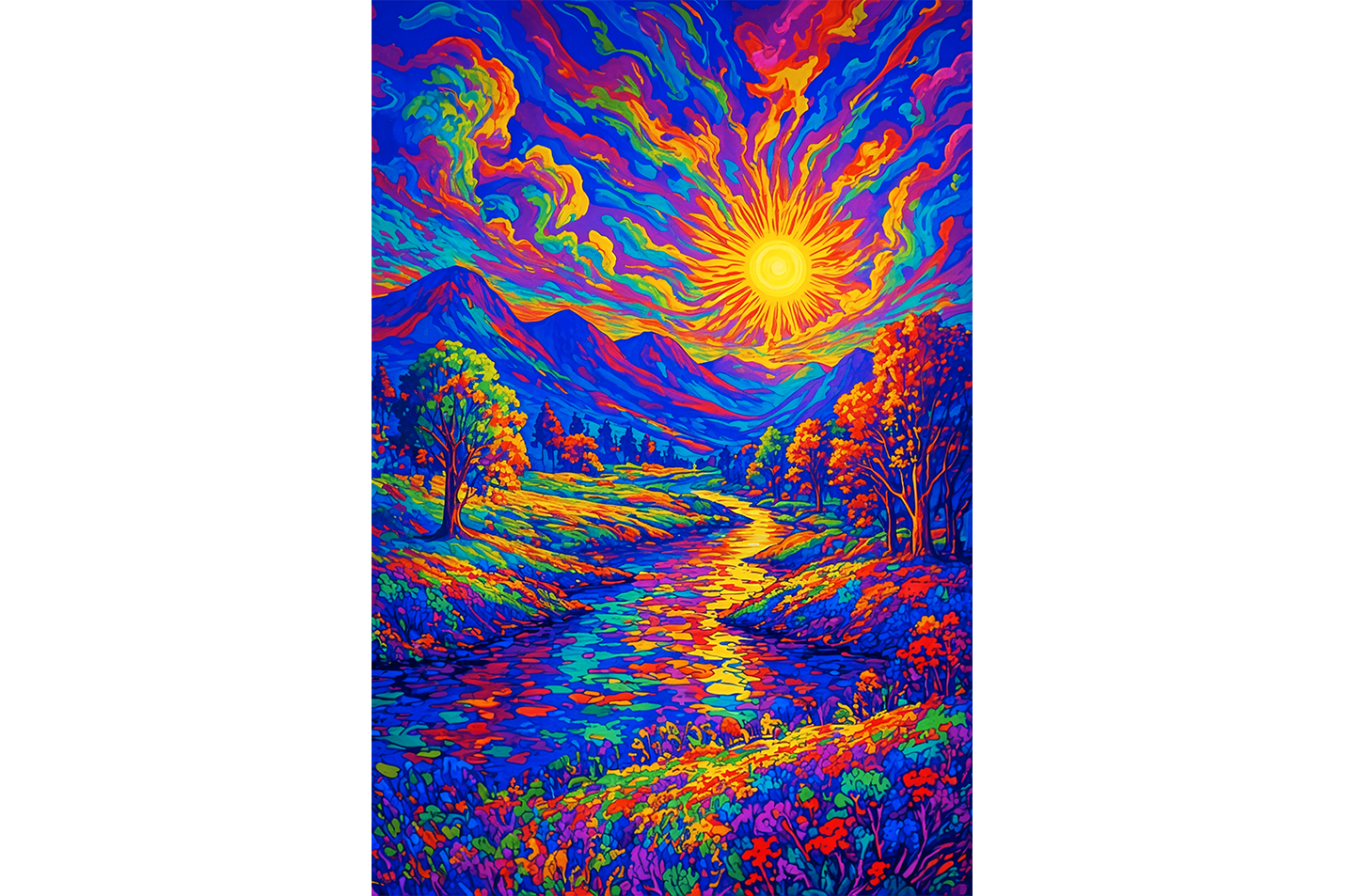 ai creation, multicolored sunrise view among the mountains, ai art, art, kanvas tablo