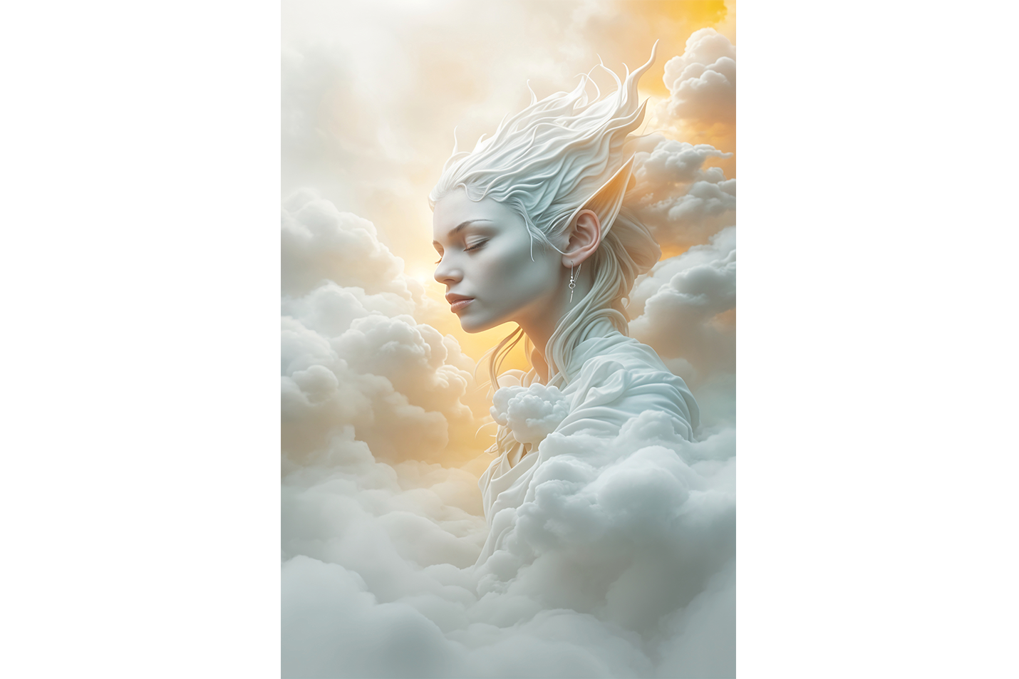 ai creation, depiction of a woman resting in the clouds, ai art, art, kanvas tablo