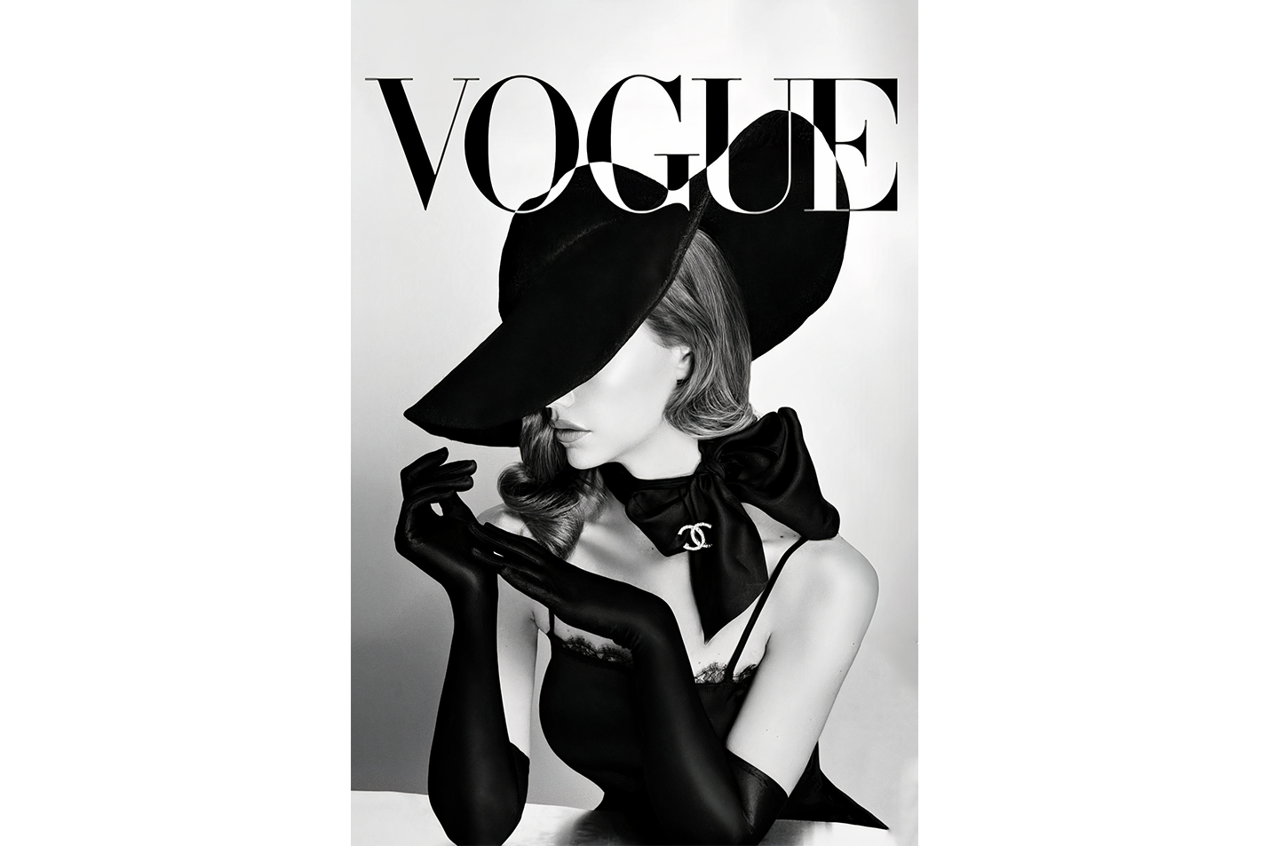an elegant, mysterious woman in a big hat and gloves on a vogue cover, art, kanvas tablo