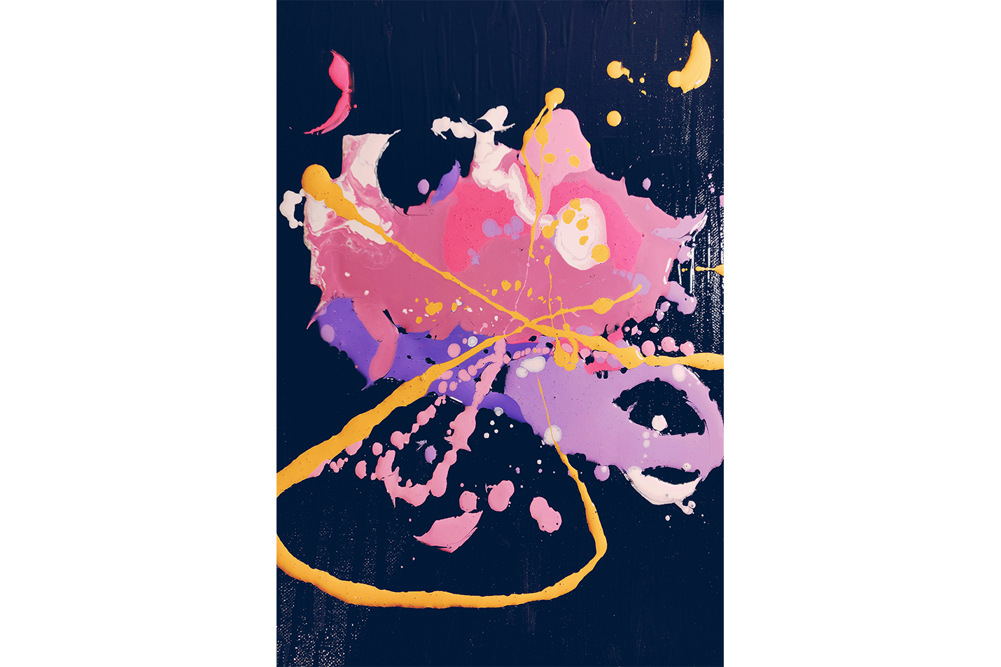 an expressive abstract painting with vibrant splashes of pink, yellow and purple paint, abstract, art, kanvas tablo