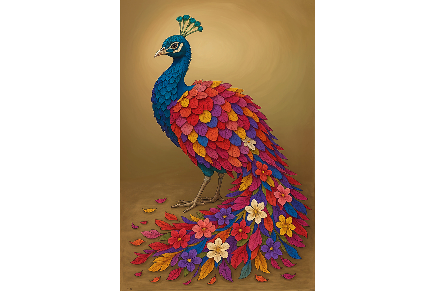ai creation, colorful peacock adorned with flower motifs, ai art, art, kanvas tablo