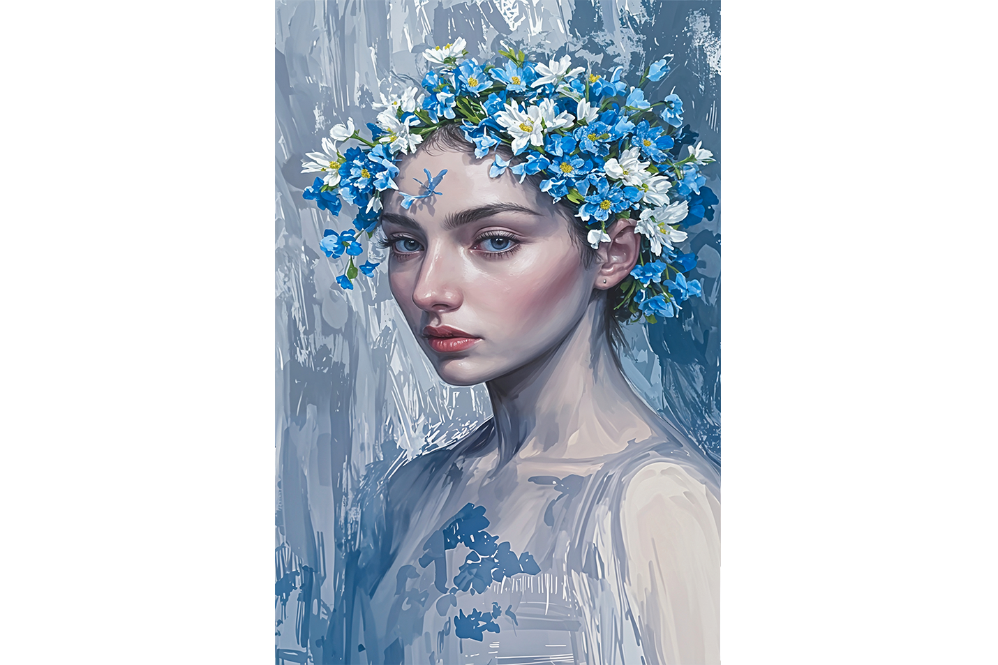 ai creation, a painterly portrait of a woman wearing a blue and white flower crown, ai art, art, kanvas tablo