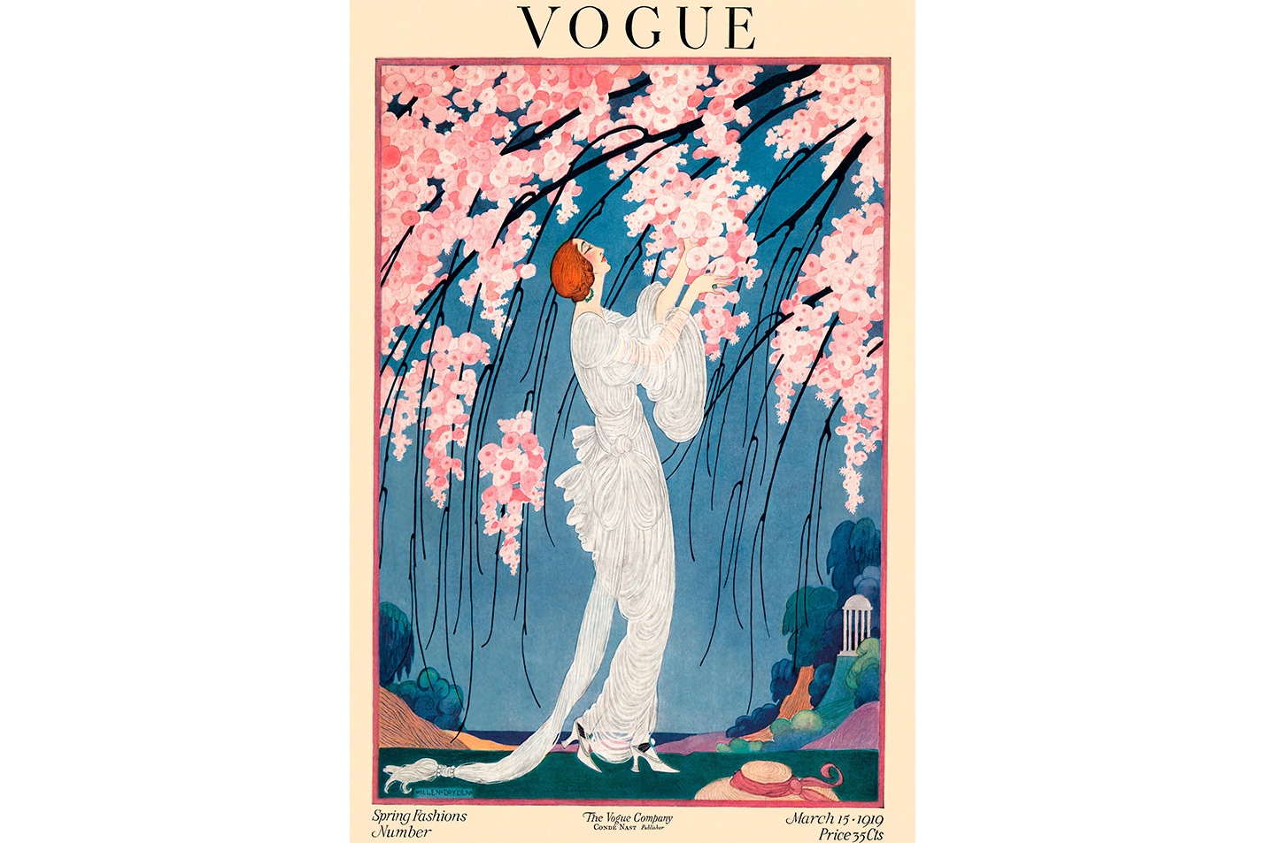 a vintage art nouveau vogue cover of a woman under pink blossoms, art, kanvas tablo