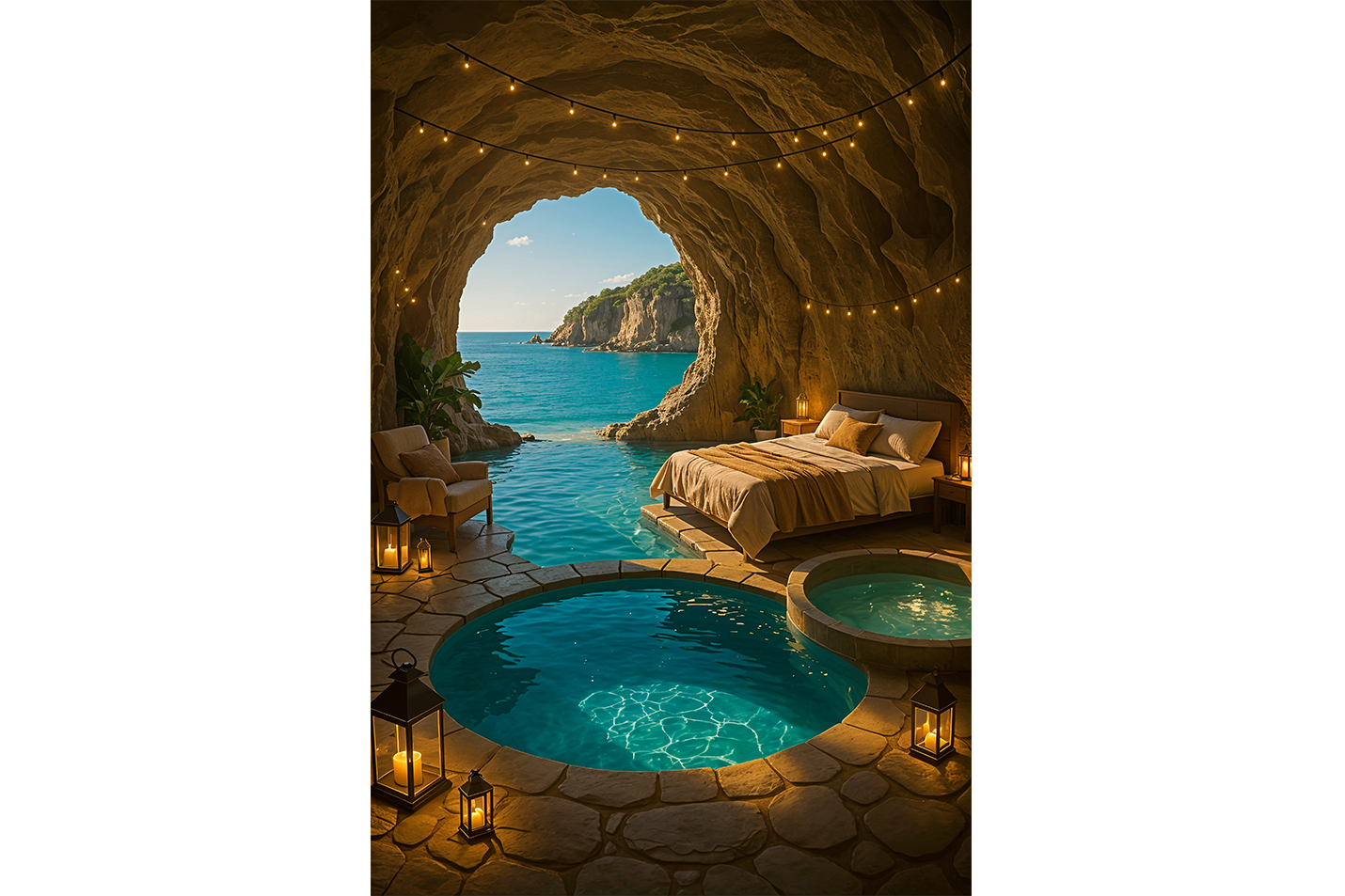 ai creation, hotel room inside the cave and sea view model 1, ai art, art, kanvas tablo