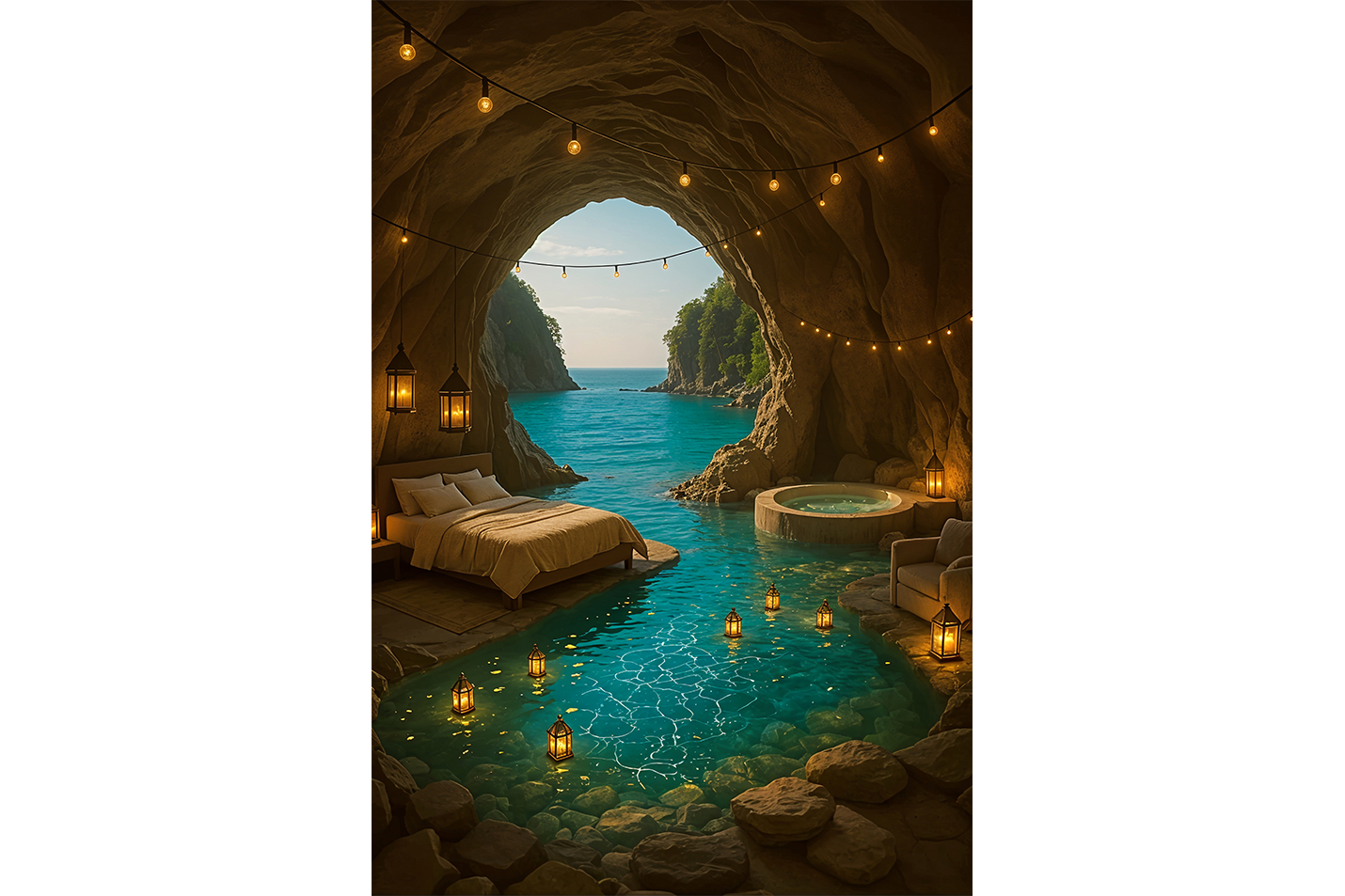 ai creation, hotel room inside the cave and sea view model 2, ai art, art, kanvas tablo