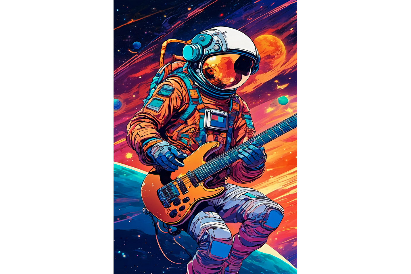 ai creation, astronaut playing guitar in space model 3, orange theme, ai art, art, kanvas tablo
