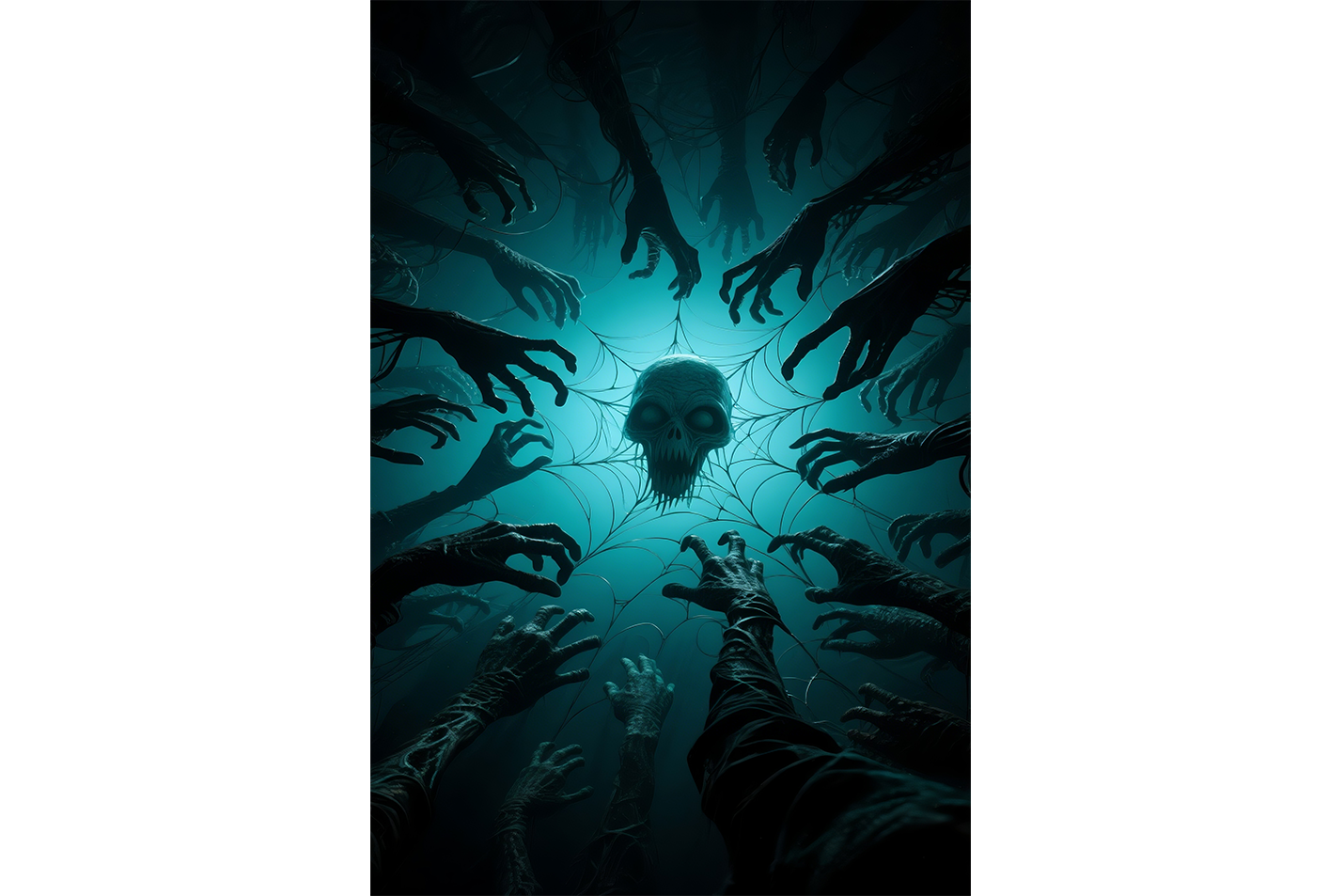 ai creation, hands wanting to pick up a skull caught in a spider web, ai art, art, kanvas tablo