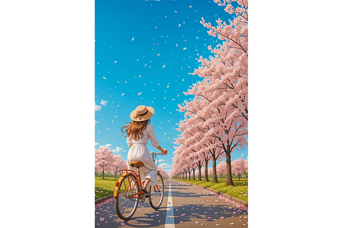 ai creation, a road decorated with soft pink trees with a girl on a bike with a hat, ai art, art, kanvas tablo