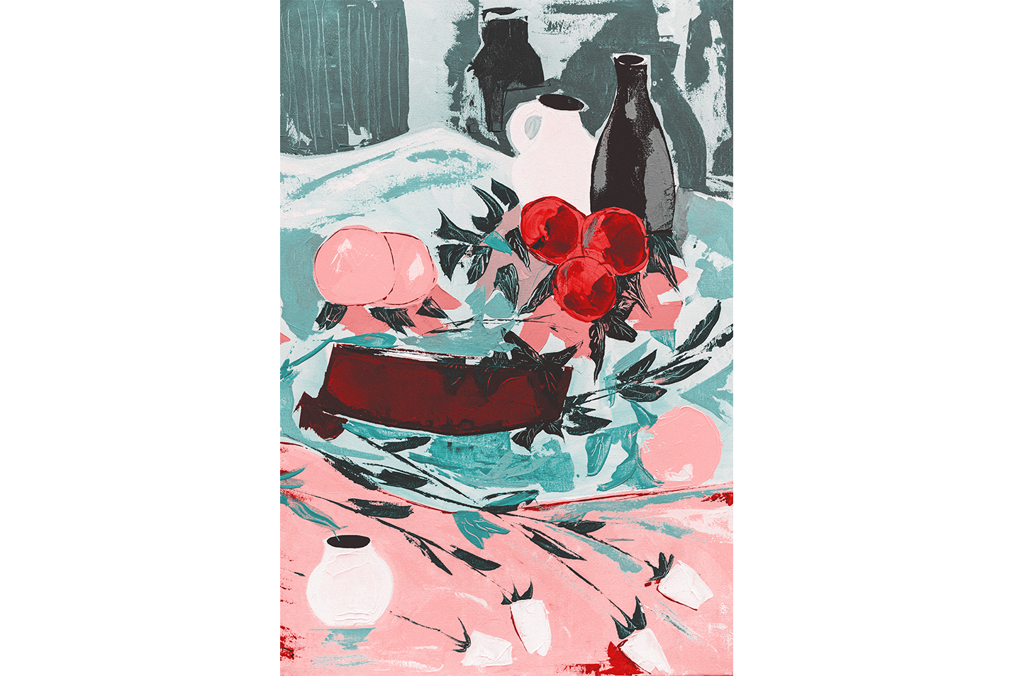a modern still life painting of fruits and vases in a unique color palette, abstract, art, kanvas tablo