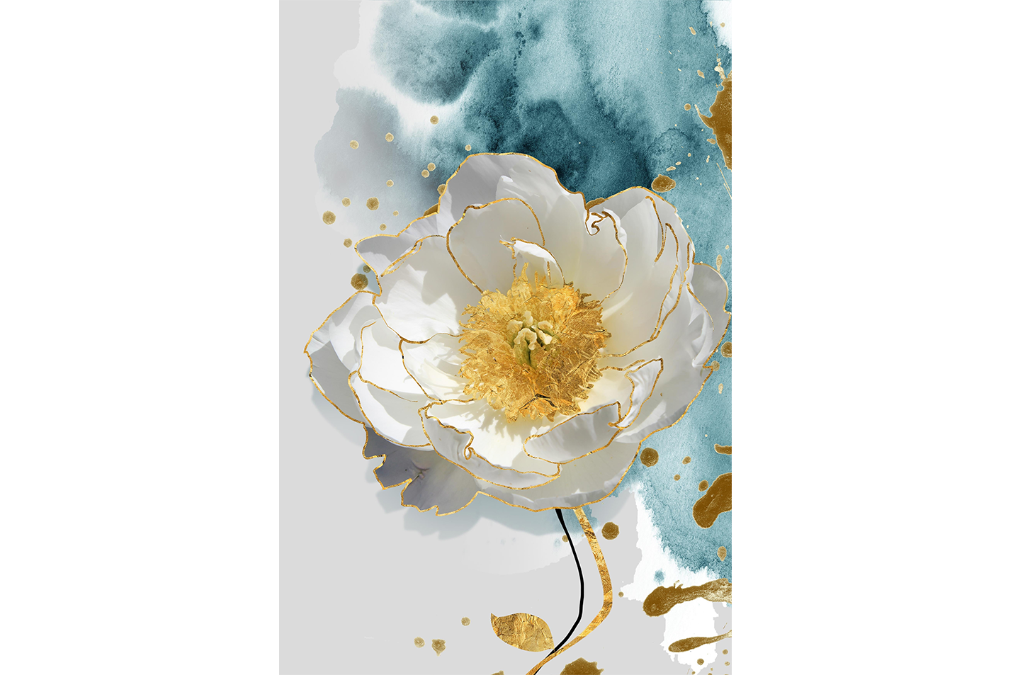 an elegant white flower with gold edges against a blue watercolor wash, art, kanvas tablo