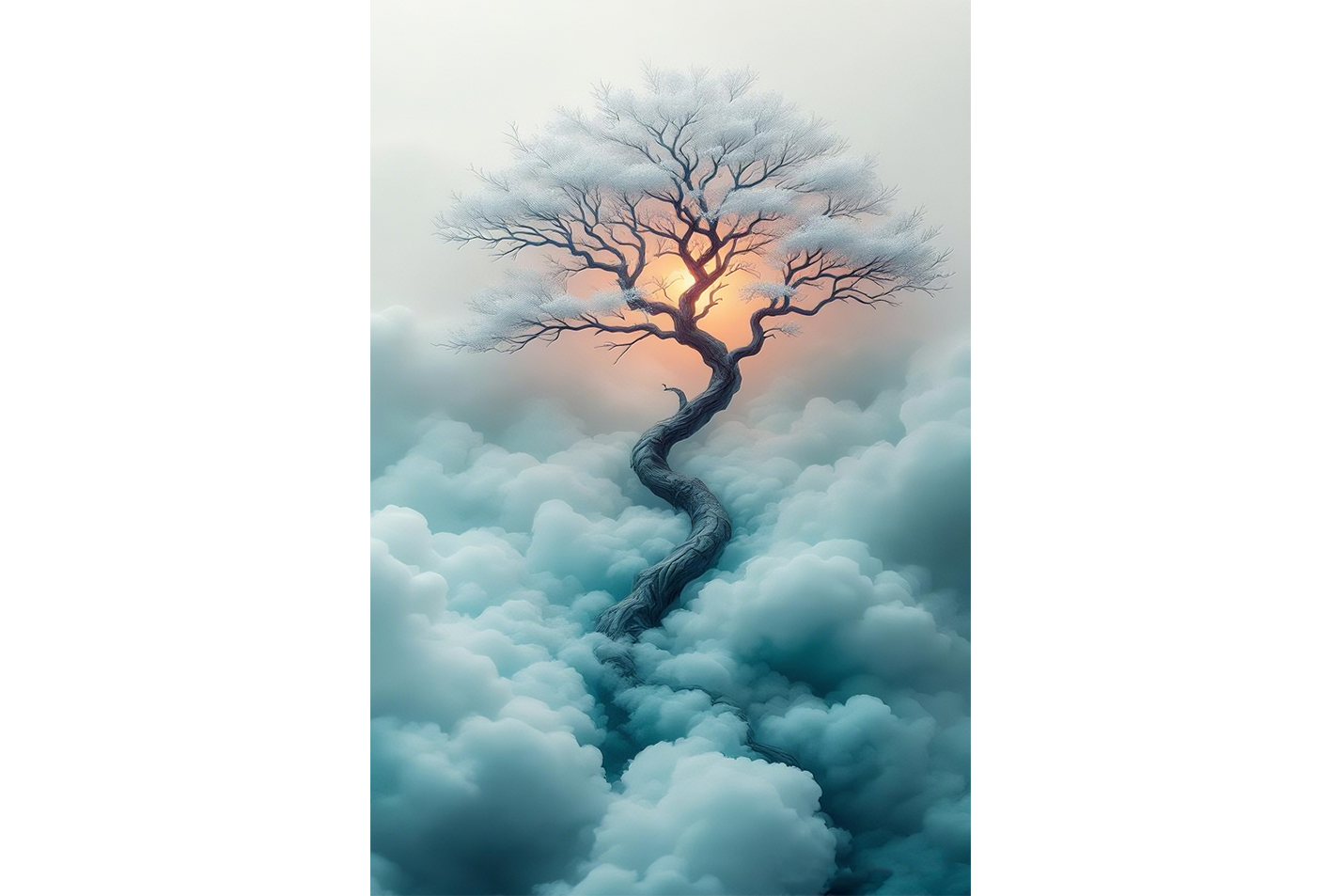 ai creation, tree growing above the clouds at sunset, ai art, art, kanvas tablo