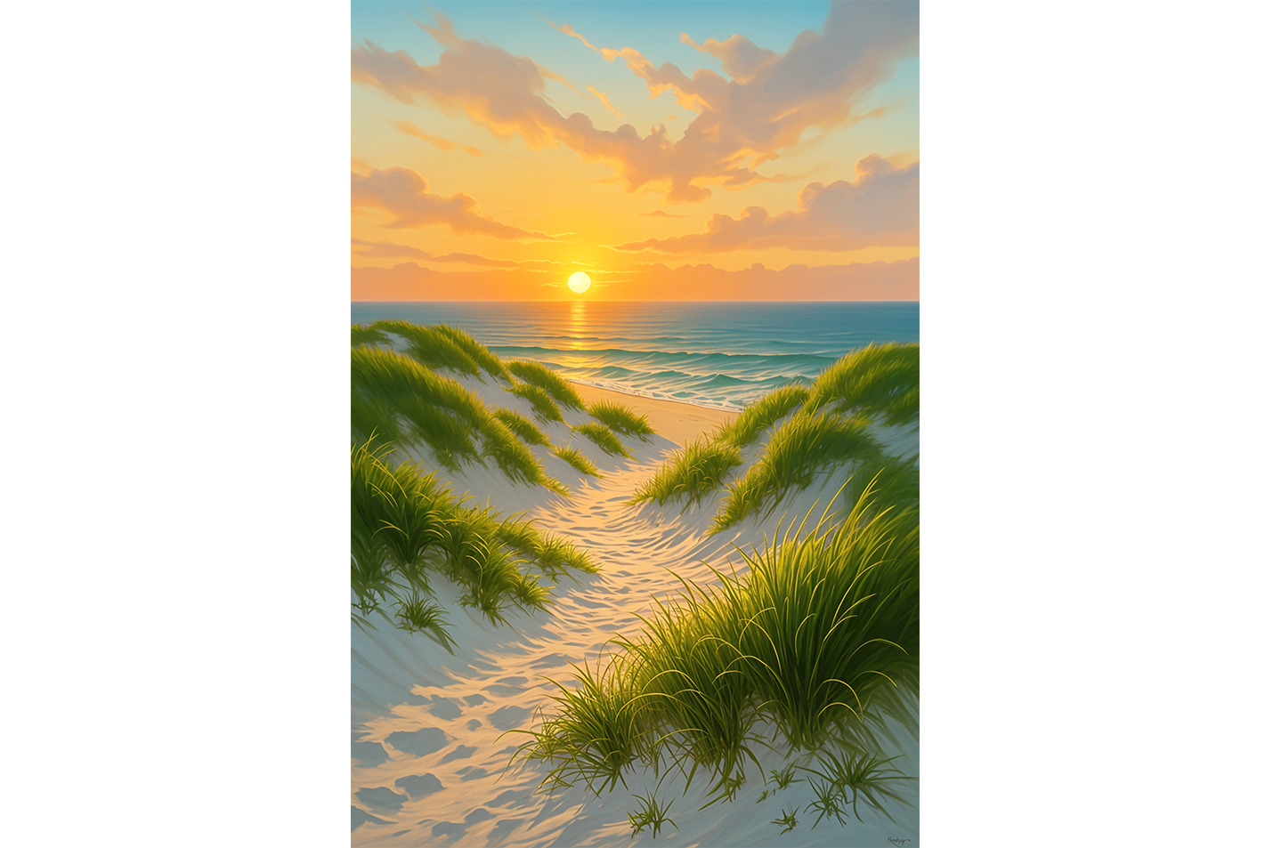 ai creation, sunset on the beach among the sand, ai art, art, kanvas tablo
